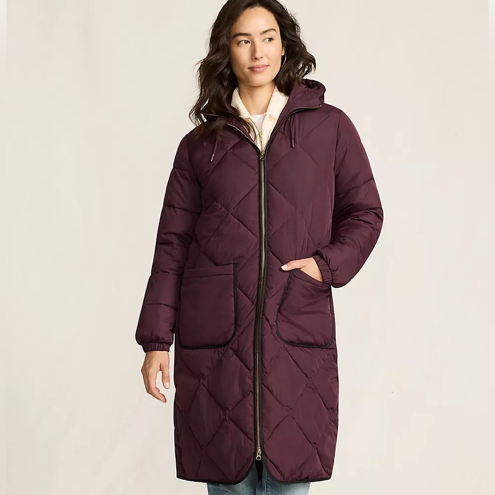 Lands End Long Quilted Hooded feather free Puffer Coat - burgundy